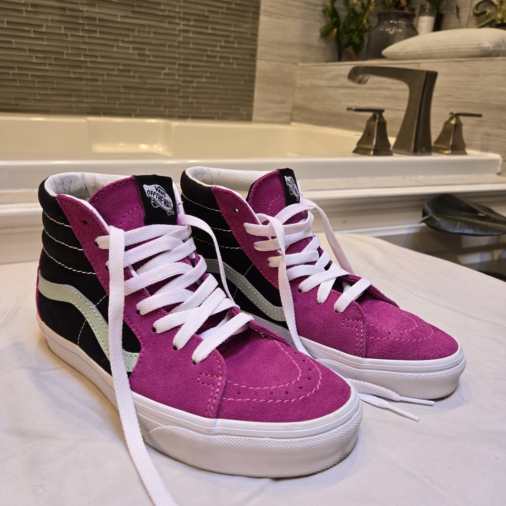 Vans Women's Pink and Black High-Top Sneakers